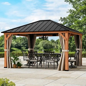 Outdoor 12' x 14' Hardtop Cedar Wood Gazebo Galvanized Steel Roof W/ Curtains - Picture 1 of 8