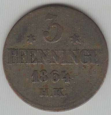 1864 H. K. GERMANY STATES 3 PFENNIG CITY OF ROSTOCK  KM# 141 - Image 1 of 4
