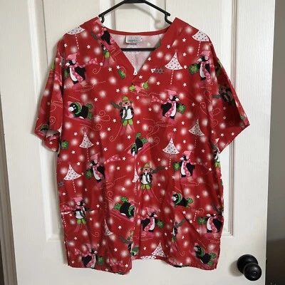 Белый лебедь красный пингвин Рождество женщин средний медицинский скраб с короткими рукавами Топ- - Изображение 1 из 4