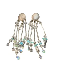 Vintage OOAK Artist Earrings Sterling Silver Crystal Turquoise Chandeliers Heavy - Picture 1 of 6