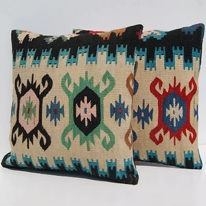 Set of 2 Vintage Yugoslav Wool Kilim Pillows Handmade Square Rug Cushion 16"X16" - Picture 1 of 3