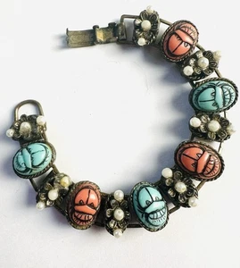 VTG Scarab Art Glass Egyptian Revival Turquoise Color Coral Color Bracelet 7.5” - Picture 1 of 10