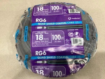 Southwire Coax Cable, 100 ft, 18 AWG, RG6 Quad Shield, Black Wire Copper NEW BOX - Image 1 of 2