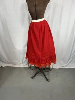 antique petticoat red wool winter crochet trim mended waist 26 original 19th c  - Image 1 of 4