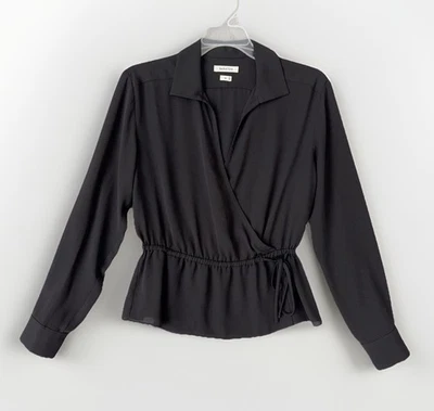 Aritzia Babaton Blouse Long Sleeve Top Faux Wrap Cinched Waist Tie Size XS Black - Image 1 of 4