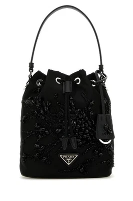 PRADA Rhinestone Jewel Black Satin Re-Nylon/Leather Bucket Bag New & Authentic - Image 1 of 4