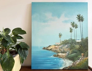 Zeitgenössisches Jane Swan Kalifornien Küste Meereslandschaft Palmen Ölgemälde 20x24 - Bild 1 von 7