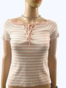 Vintage 90s Top Striped Bodycon Lace Up Tie Off Shoulder Boho Punk Pink Small - Bild 1 von 5