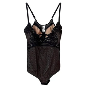 Maidenform Black Floral Lace Bodysuit Lg Sheer Back Stretch Nylon V-Neck - Picture 1 of 15