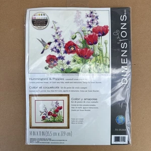 New DIMENSIONS Counted Cross Stitch Hummingbird & Poppies 14 X 11 Inches - Picture 1 of 6