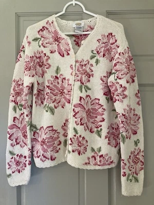 Women's VTG Talbots Hand Knit Pink Floral Rose Cottage Core Cardigan Sweater L - Image 1 of 4