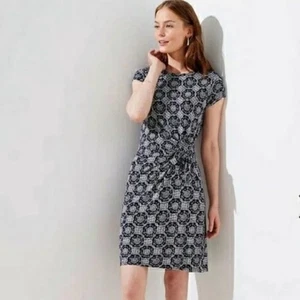 LOFT Petite Floral Print Short Sleeve Faux Wrap Dress Navy Blue White Womens MP - Picture 1 of 12