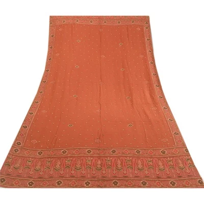 Sanskriti Vintage Rusty Orange Dupatta Long Stole Pure Crepe Silk Hand Beaded - Image 1 of 4