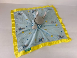 Goodnight Moon Bunny Baby Security Blanket Lovey Blue Yellow Satin Trim Plush - Picture 1 of 6