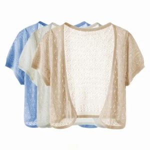Ice Silk Knit Thin Shirt Short Sleeve Cardigan Shawl Blouse Hollow Front Open - Picture 1 of 13
