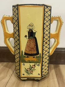 1990s Rare Henriot Quimper Soleil Yellow Breton Women & Flowers Porcelain Vase - Picture 1 of 9