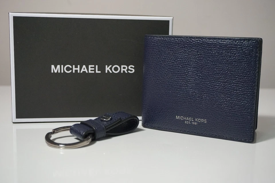 Michael Kors Leather Mens Slim Billfold Wallet W/ Key Fob Set in Navy Blue