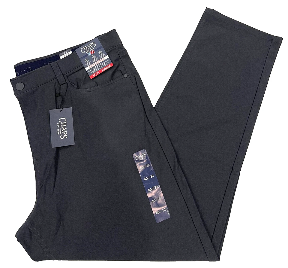 Chaps Mens 5-Pocket Performance Pants Straight Tapered Fit 40X32 Charcoal (Gray)