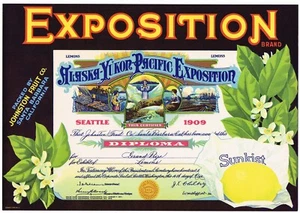 ORIGINAL LEMON CRATE LABEL EXPOSITION SANTA BARBARA ALASKA YUKON PACIFIC 1930S - Picture 1 of 1