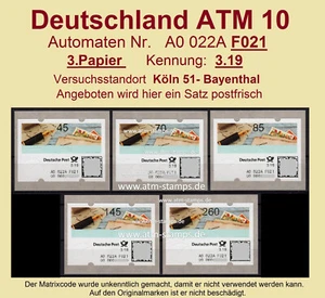 Bund ATM 10 selbstklebend / F021 / 3. Pap / 3.19 / Satz xx Bayenthal  - Picture 1 of 2