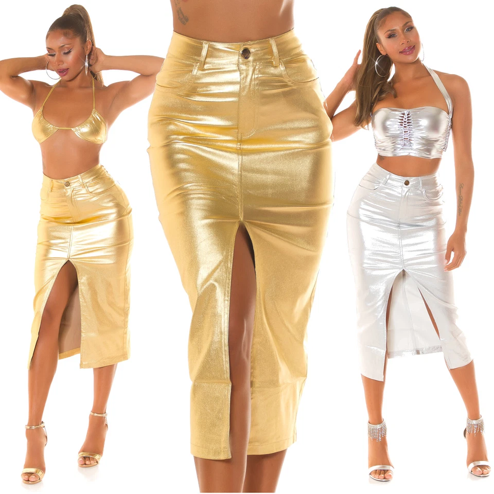 Skirt Long Midi Denim Gold Silver Loops Split High Waist Stretch New - Image 1 of 1