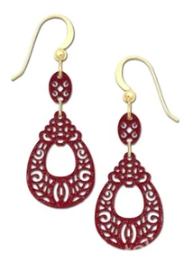 Adajio Earrings Deco Cutout Drop in Hand Painted Maroon 14K Gold Filled Hook - Picture 1 of 4