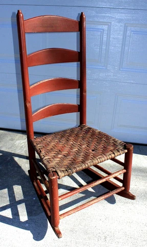 Antique 19th Century SHAKER ROCKING CHAIR, Red, Ladderback, Splint Seat, Sturdy Cover