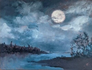 Trujillo Art -not Jose ) modern frame included moon sky trees nocturnal river - Picture 1 of 2