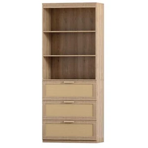 5 Tier Bookshelf Rattan Tall Bookcase w/ 3 Drawers Storage Wood Shelves 72" Tall - Picture 1 of 3