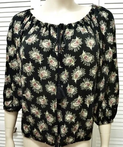 NWT $89 Denim & Supply Ralph Lauren Peasant Blouse XS Black /Floral Cotton Blend - Picture 1 of 8