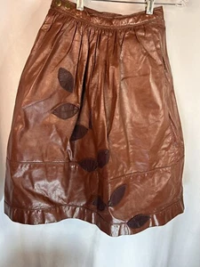 Vintage Leather Appliqué Leaves Skirt Hippie Boho Tie 60s 70s Brown Pockets XS - Picture 1 of 10