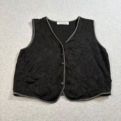 Vintage Karen Scott Vest Women L Black Floral Embroidered Fairy Whimsy Goth 90s - Image 1 of 4