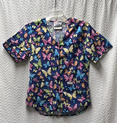 Crest Cottons Multicolored Butterfly Pattern Size XS Scrub Jacket Style 9199 - Image 1 of 4