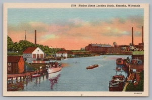 Postcard Harbor Scene Looking South Kenosha Wisconsin Boats Manufacturing Plant - Picture 1 of 2
