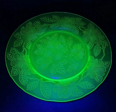 VTG Set Of 3 Macbeth Evans Dogwood Uranium Glass 8" Luncheon Salad Plates - Image 1 of 4