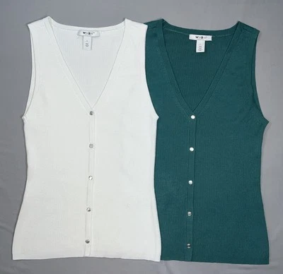Lote de 2 camisetas sin mangas WHBM verdes blancas acanaladas tejidas con botones delanteros grandes nuevas sin etiquetas Foto 1 de 4