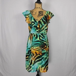 Bisou Bisou Zebra Jungle Print Ruffle Sheath Dress Tropical Y2K Party Size 8 - Picture 1 of 10