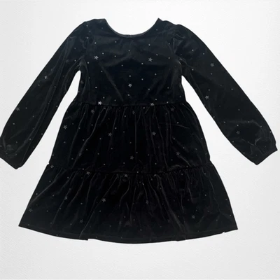 女孩 GAP 儿童黑色天鹅绒带闪光星星口音长袖连衣裙 L 码 — 第 1/4 张图片