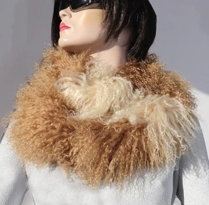 Bufanda De Piel De Cordero Tibetano En Color Camel Crema - Picture 1 of 6