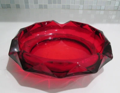 Vintage Viking Glass Ruby Red Diamond Cut Cigar Ashtray -MCM- 8 3/4" Wide-HEAVY - Image 1 of 4