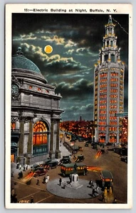 Postkarte Elektrogebäude bei Nacht Buffalo New York Vintage Busse und Autos - Bild 1 von 2