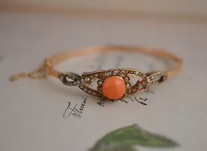 Brazalete Francés Antiguo Oro Amarillo 18k Diamantes y Coral Sellado - Imagen 1 de 6