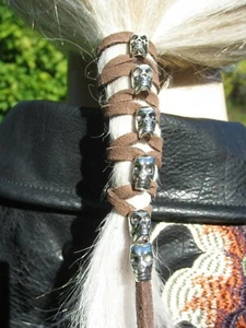 SKULL Leather Hair Wrap Ties Ponytail Holders Black Brown Bead Biker Jewelry - Picture 1 of 11