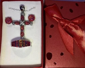 Gorgeous Cherry Red Fire Opal CZ Cross Necklace, Earrings, & Ring Size 9 Set - Picture 1 of 9