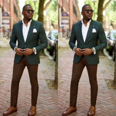 2 Piezas Hombres Trajes Boda Novio Formal Negocios Calce Ajustado Esmoquin Blazer Pantalones Marrón Foto 1 de 4