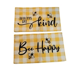 Bumble Bee Pillow Covers Bee Happy Always Bee Kind Yellow Check Set Of 2 - Picture 1 of 6