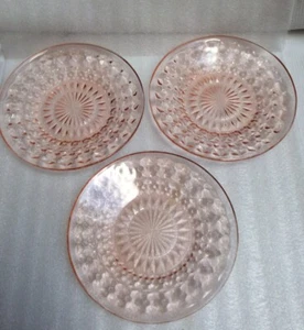 Jeannette Glass Pink Holiday Buttons & Bows 3 Dessert Plates 5 3/4” - Picture 1 of 4