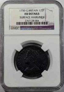 1750 Great Britain Copper 1/2 PENNY NGC AU-50 SURFACE HAIRLINES - Picture 1 of 4