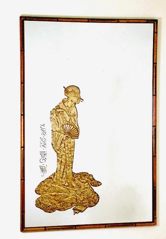 Modernist  Sharon Art Concept Gold Geisha Mirror Wall, Faux Bamboo Frame/Label Cover