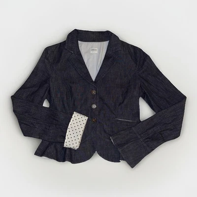 Armani Collezioni Denim Peplum Blazer Jacket Size 8 Reversible Polka Dot Cuffs - Image 1 of 4